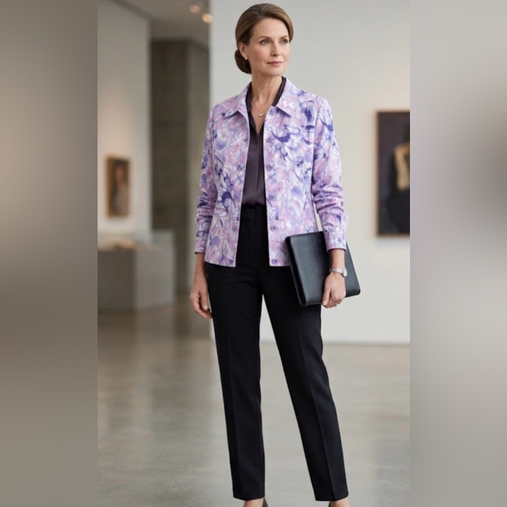 Koret Womens Jacket Top Sz XL Purple Lavender Abstract Watercolor Pockets marble
